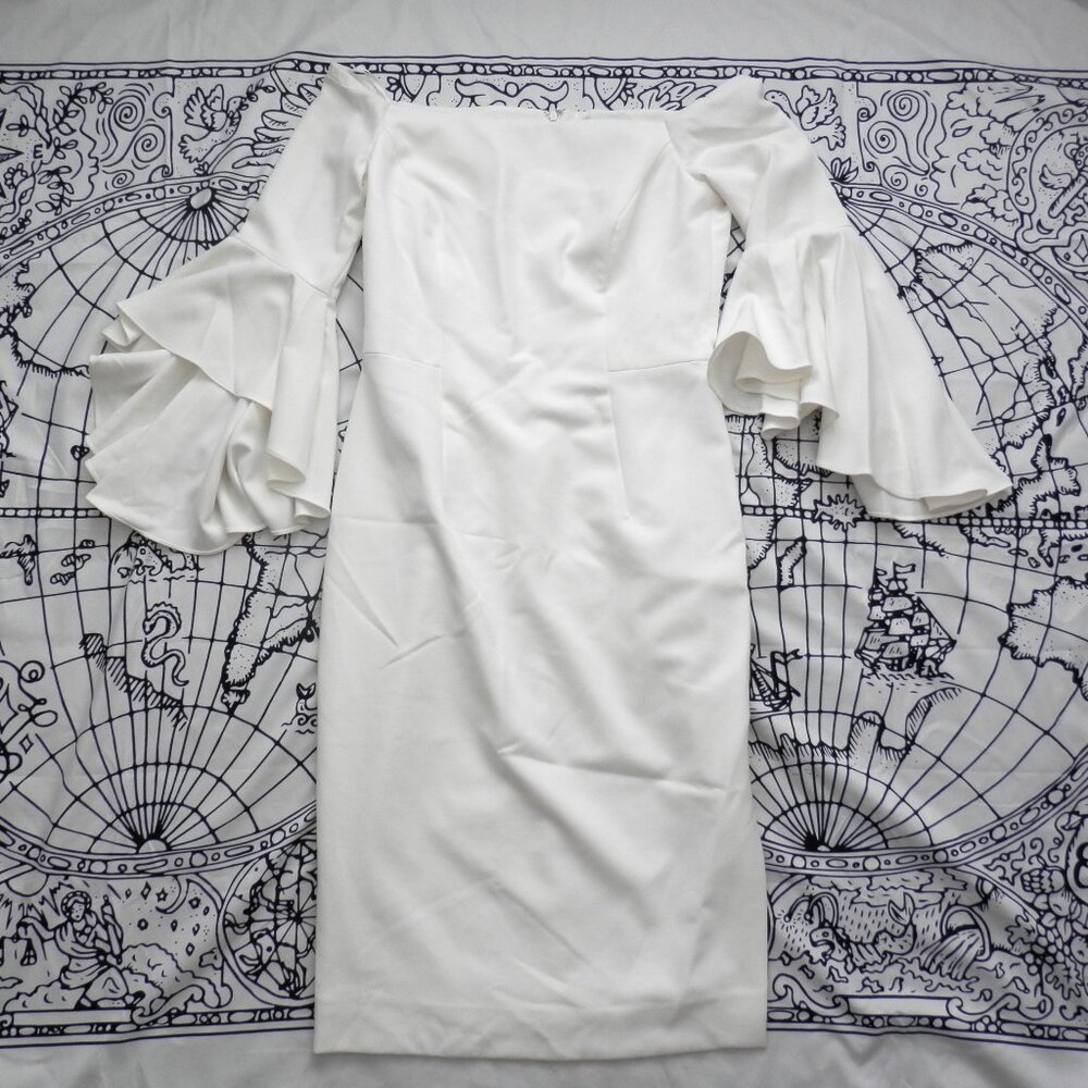Milly || White Off Shoulder Selena Bardot Ruffle Bell Sleeve Midi Dress